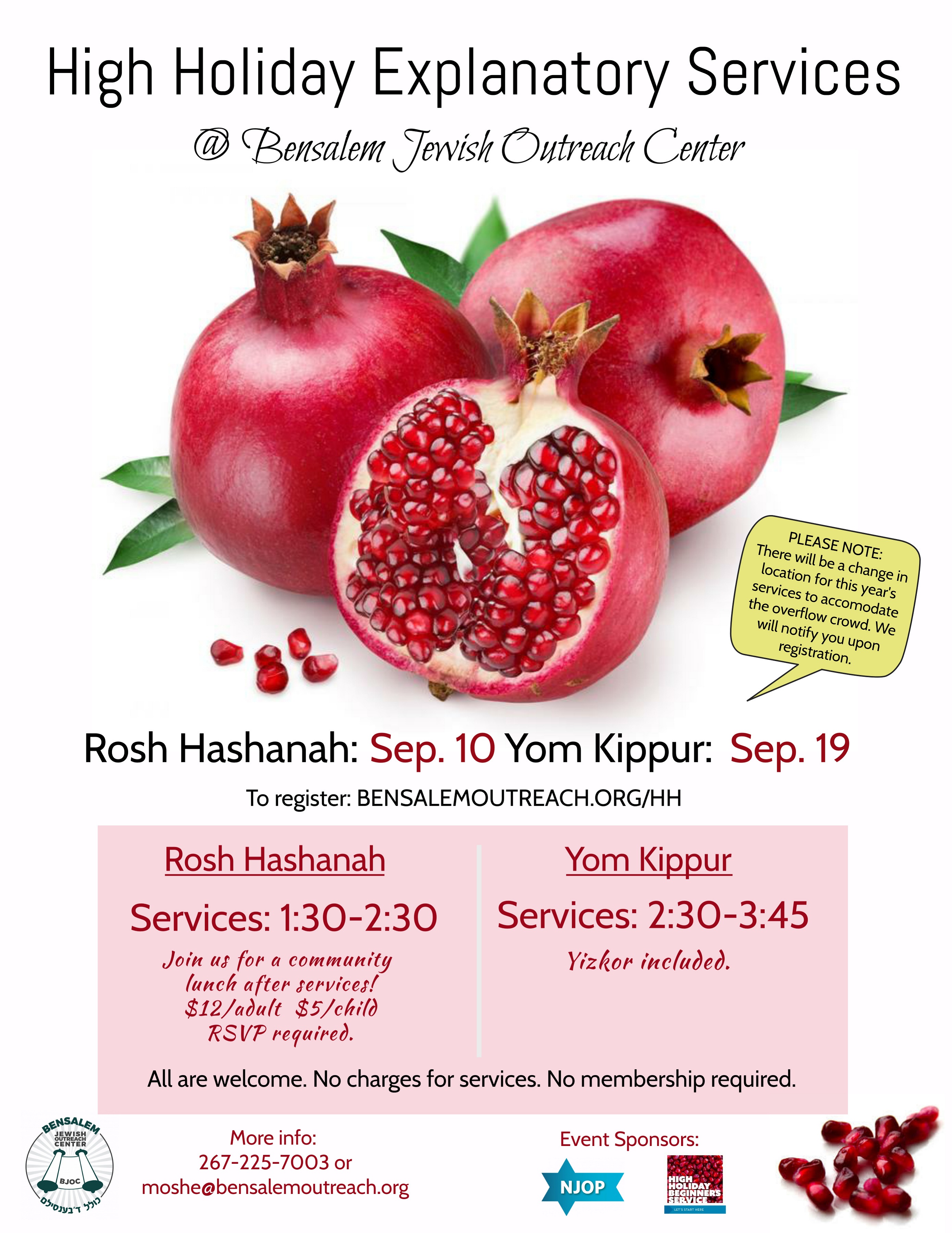 High Holiday's Explanatory Services and Rosh Hashanah Meals